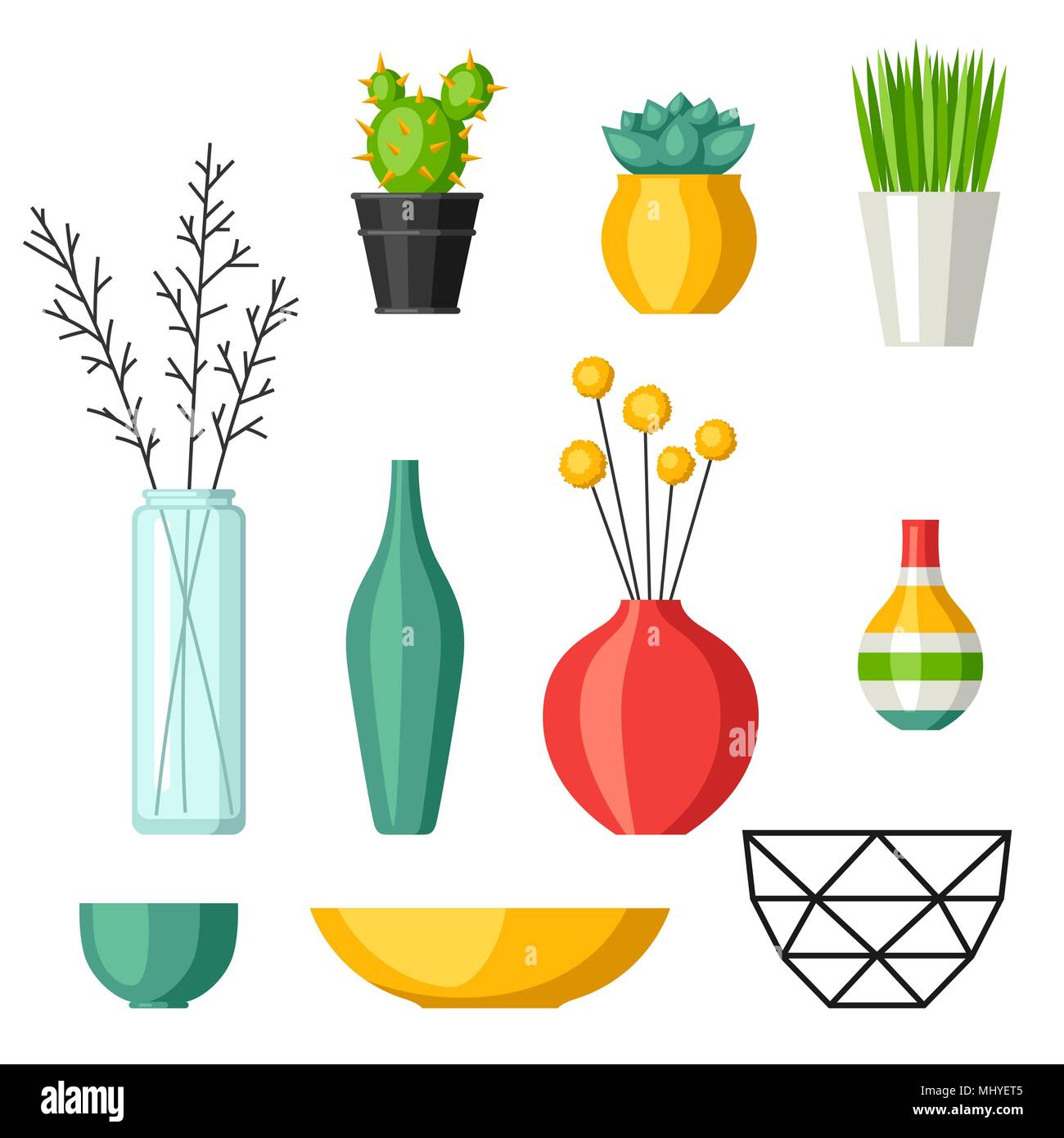 Home decoration vases flower pots, succulents and cacti Stock Vector
