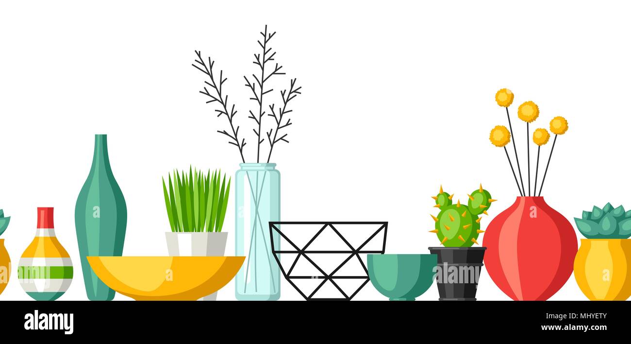 Home decoration vases, flower pots, succulents and cacti. Interior seamless pattern Stock Vector