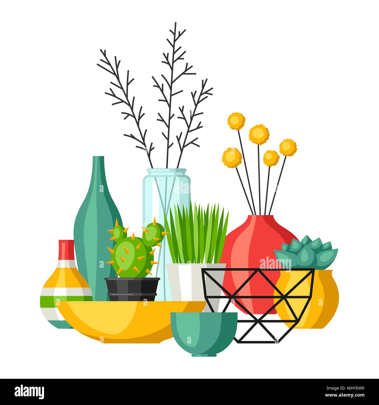Home decoration vases flower pots, succulents and cacti. Interior illustration Stock Vector