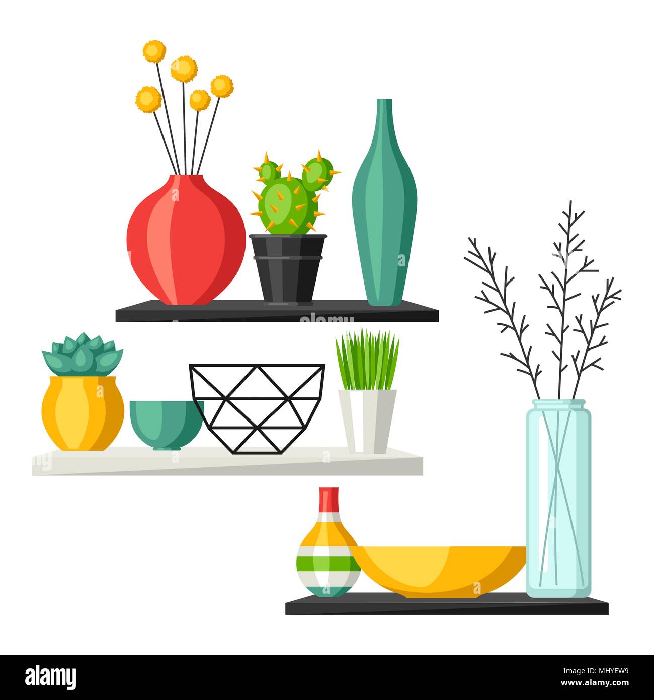 Home decoration vases flower pots, succulents and cacti. Interior illustration Stock Vector