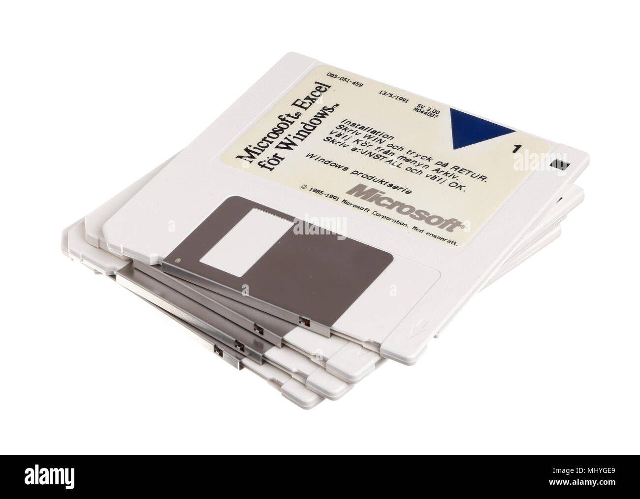 Stockholm, Sweden - September 3, 2014: Four istallations floppies for the Swedish version of Microsoft Excel 3.00 for Microsoft Windows. The discs are Stock Photo
