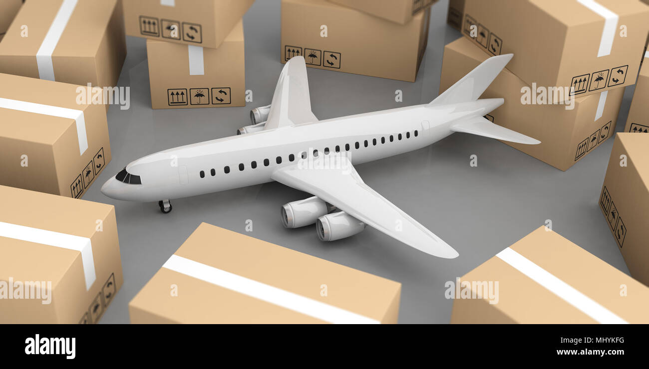 Air shipping. White airplane and moving boxes on grey background, view
