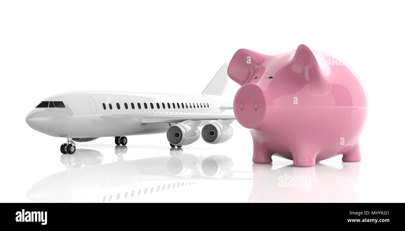 Low travel cost and vacation savings concept. Blank commercial airplane and a piggy bank isolated on white background. 3d illustration Stock Photo