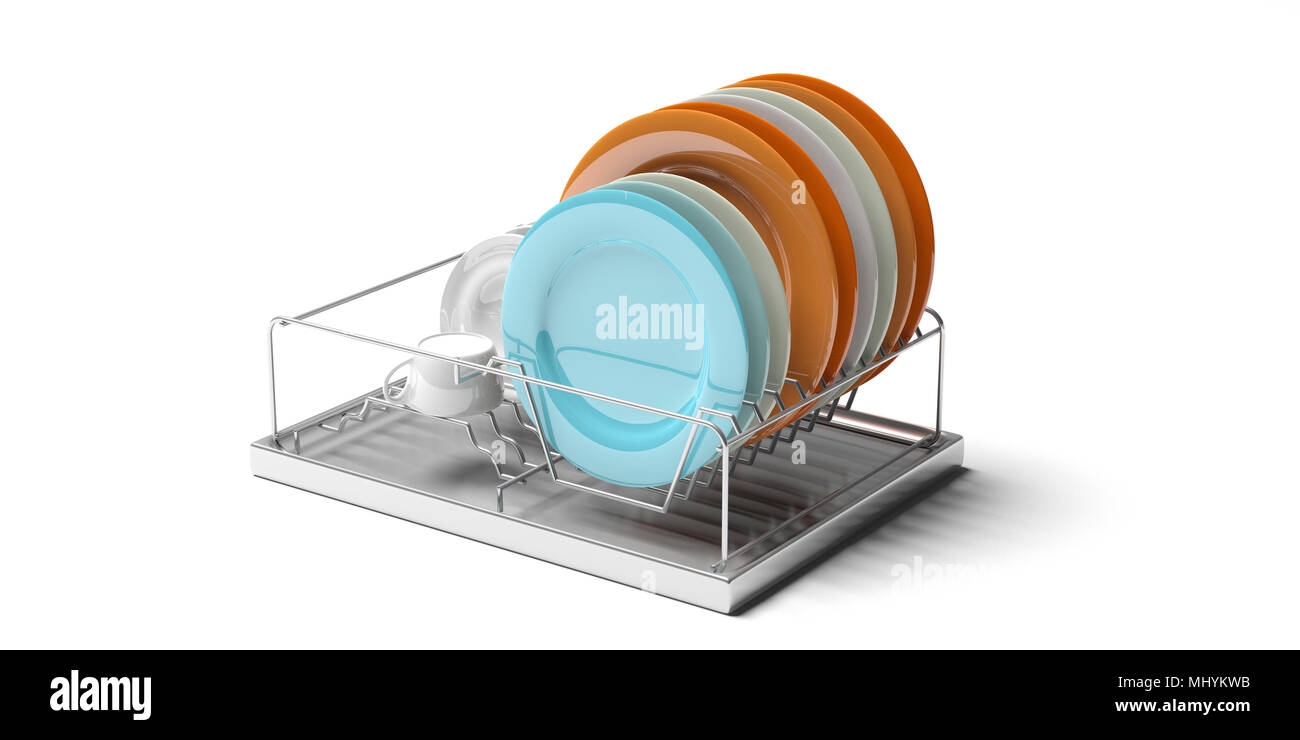 Kitchen sink dish drying metal rack with colorful plates isolated on white background. 3d illustration Stock Photo