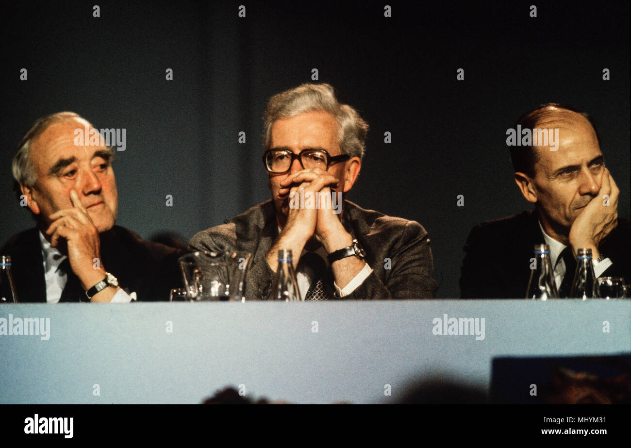 Conservative Party Conference Blackpool England 1985 L-R: Willie Whitelaw, Douglas Hurd and Norman Tebbit Stock Photo