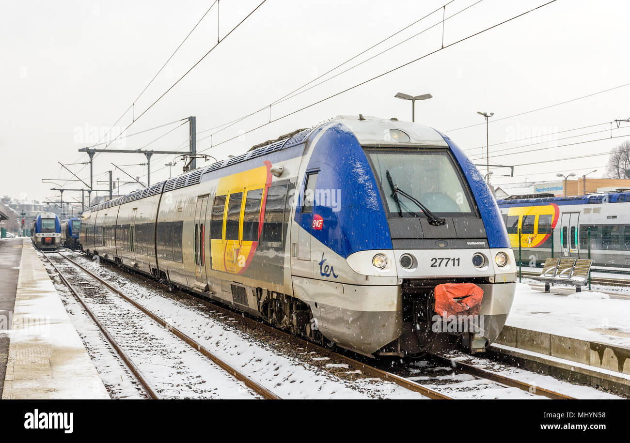SAINT-DIE-DES-VOSGES, FRANCE - FEBRUARY 8: SNCF TER train at Sai Stock Photo