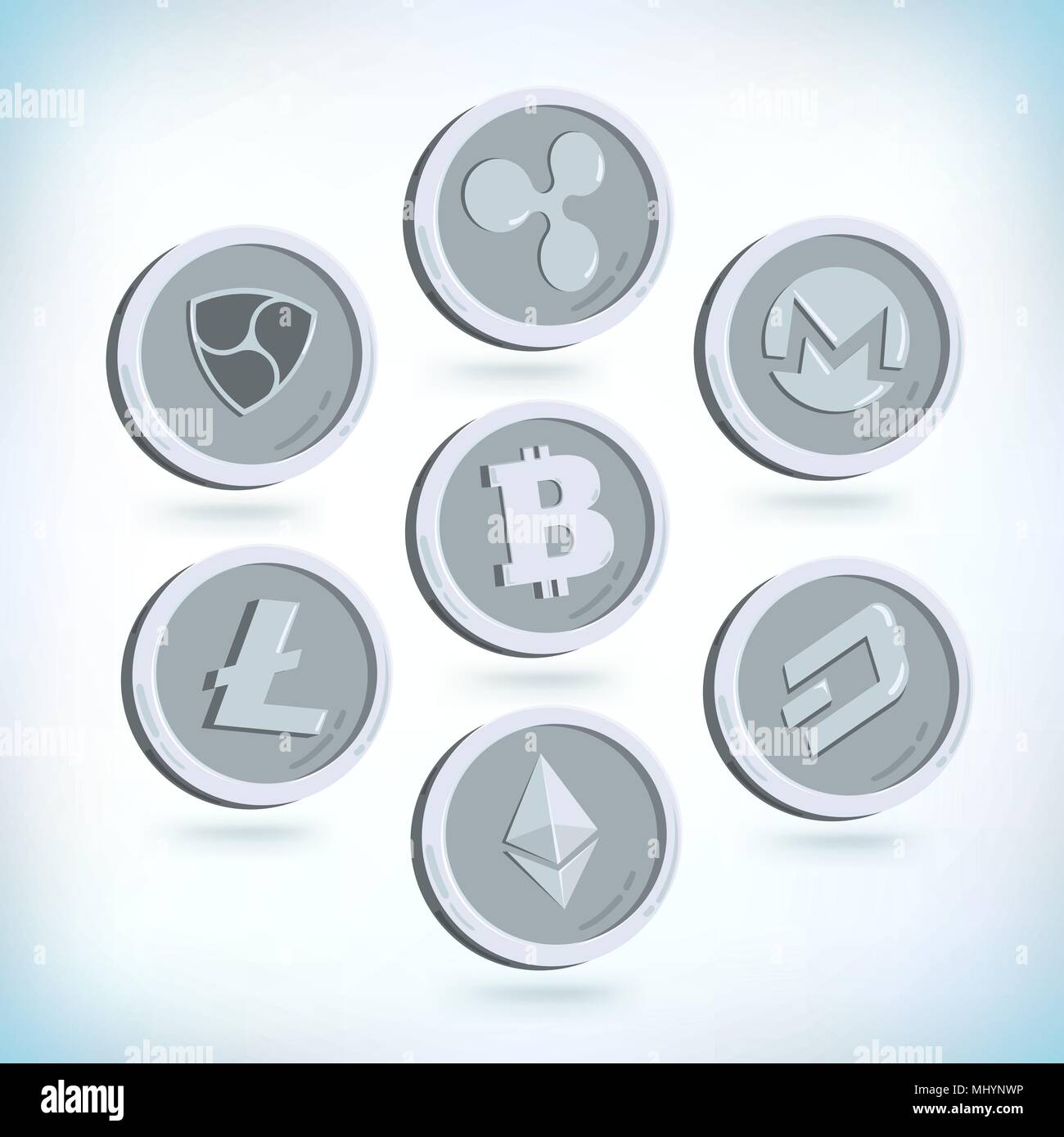Cryptocurrency icons set. Cryptography currency. Bitcoin, Dash, Ethereum, litecoin, monero, nem, ripple silver coins. Financial technology. Digital cu Stock Vector