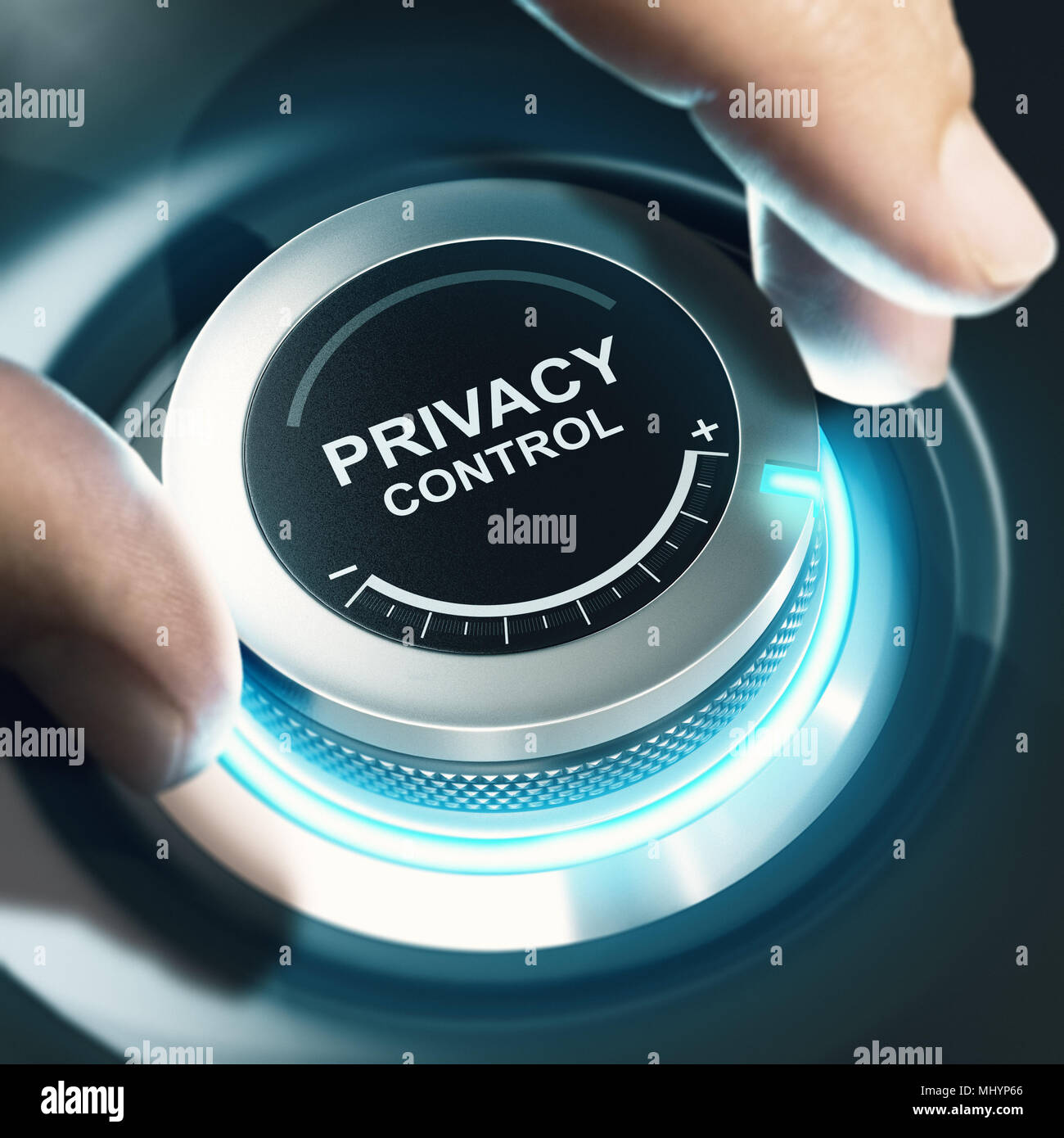 Fingers turning a black knob and setting privacy control to the maximum. Composite image between a hand photography and a 3D background. Stock Photo