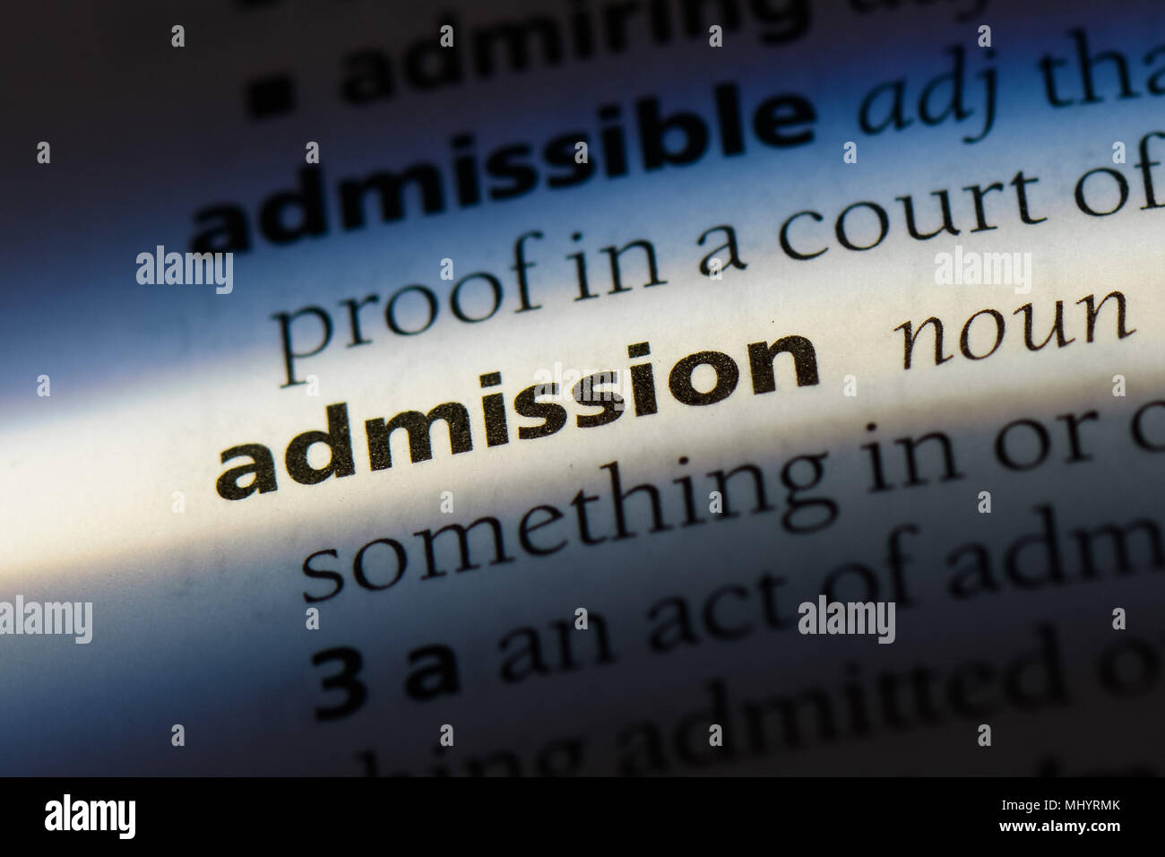 admission word in a dictionary. admission concept. Stock Photo