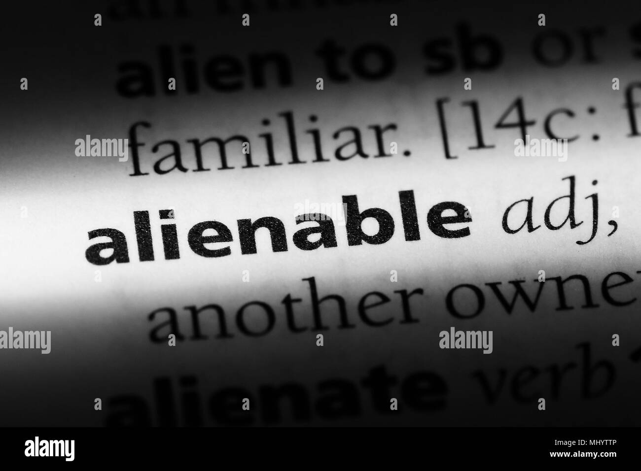 alienable word in a dictionary. alienable concept. Stock Photo