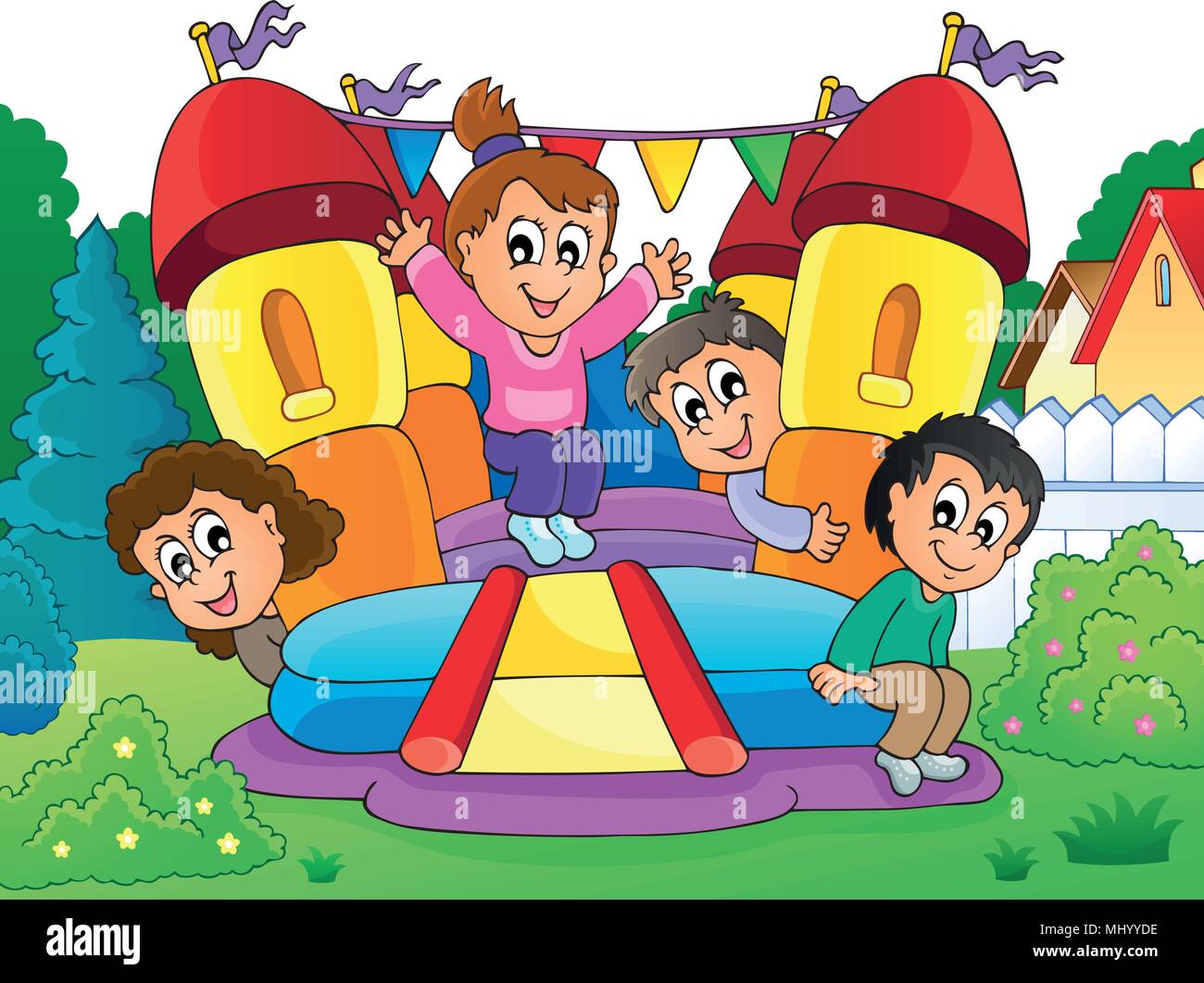 Kids on inflatable castle theme 2 - eps10 vector illustration. Stock Vector