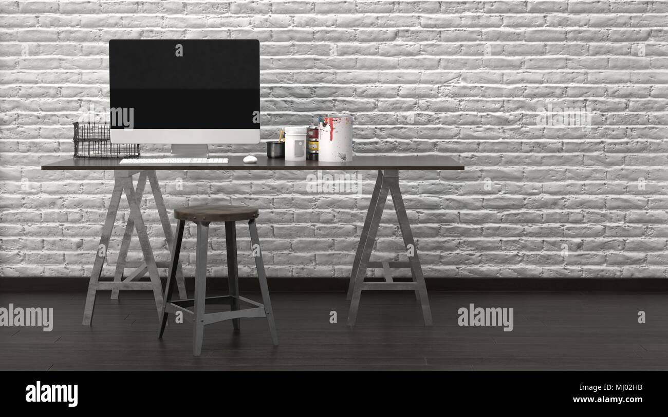 Modern Rustic Office Interior With A Large Desktop Monitor