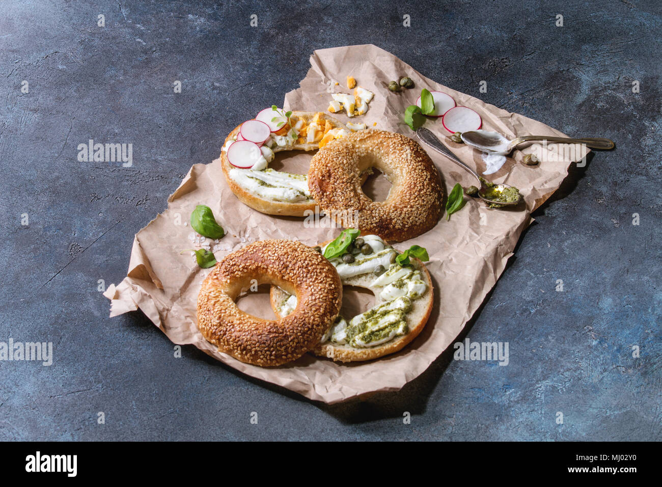 Bagels with cream cheese Stock Photo