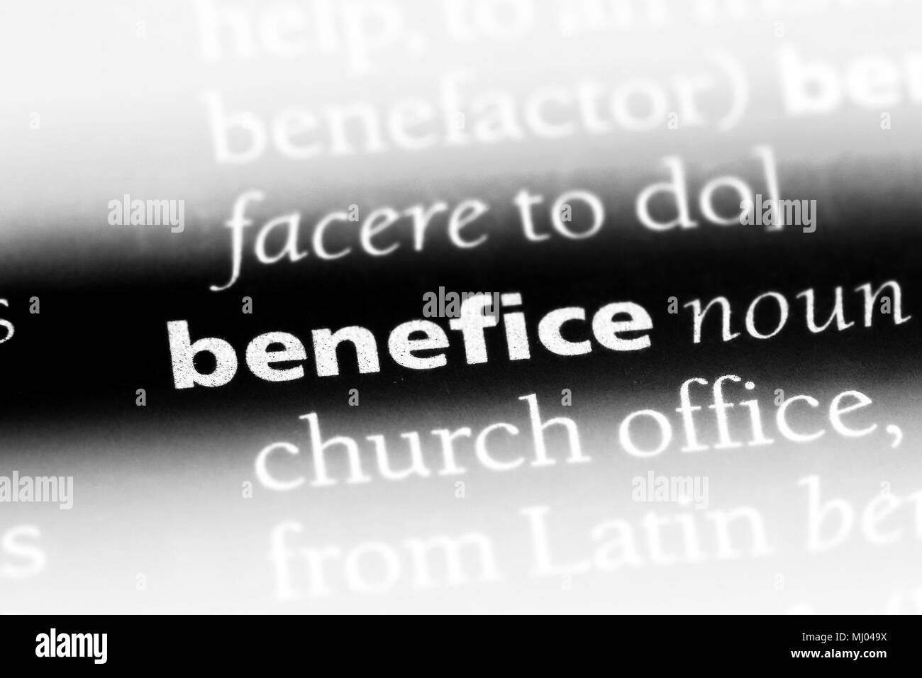 benefice word in a dictionary. benefice concept. Stock Photo