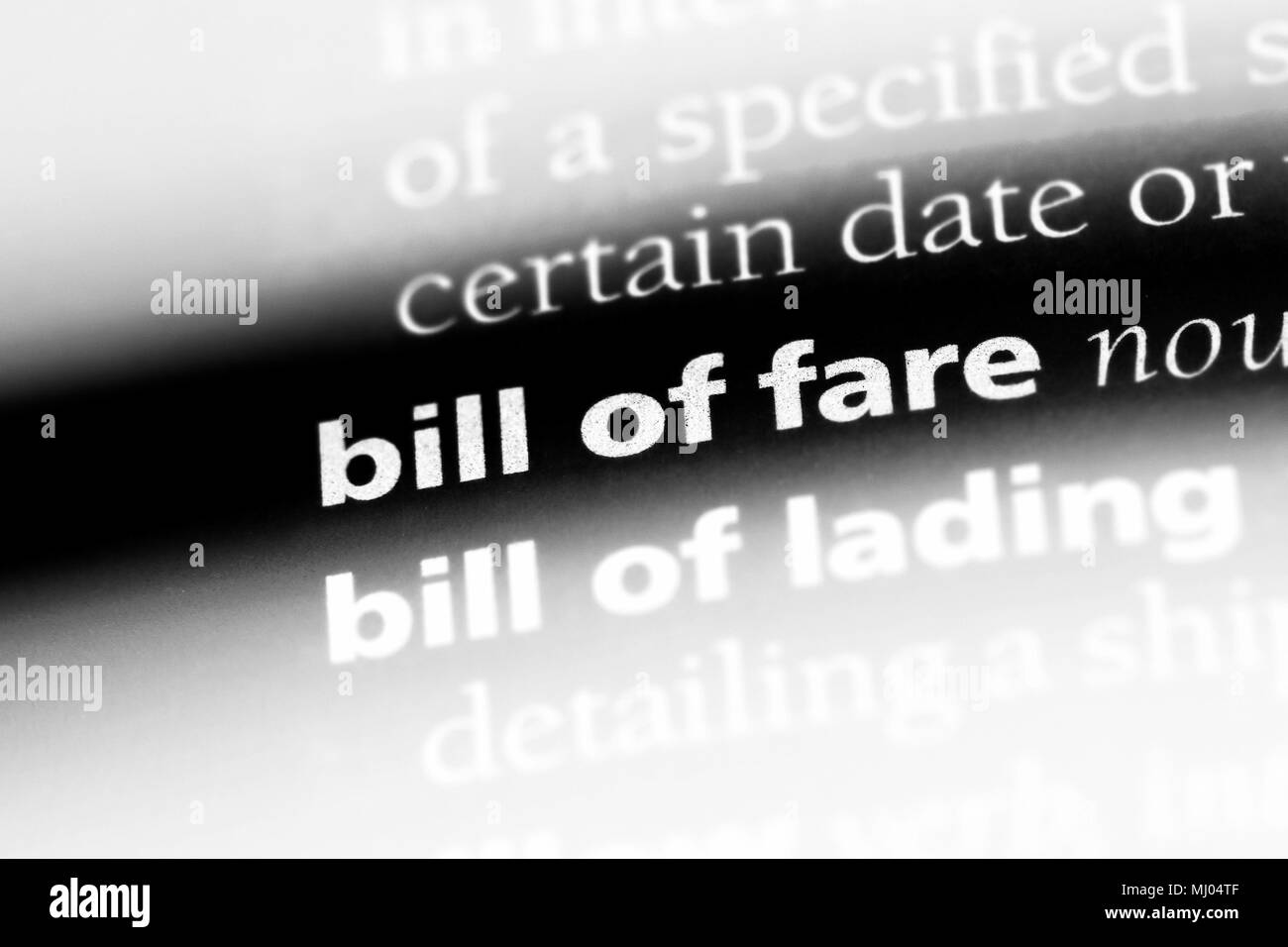 bill of fare word in a dictionary. bill of fare concept Stock Photo Alamy