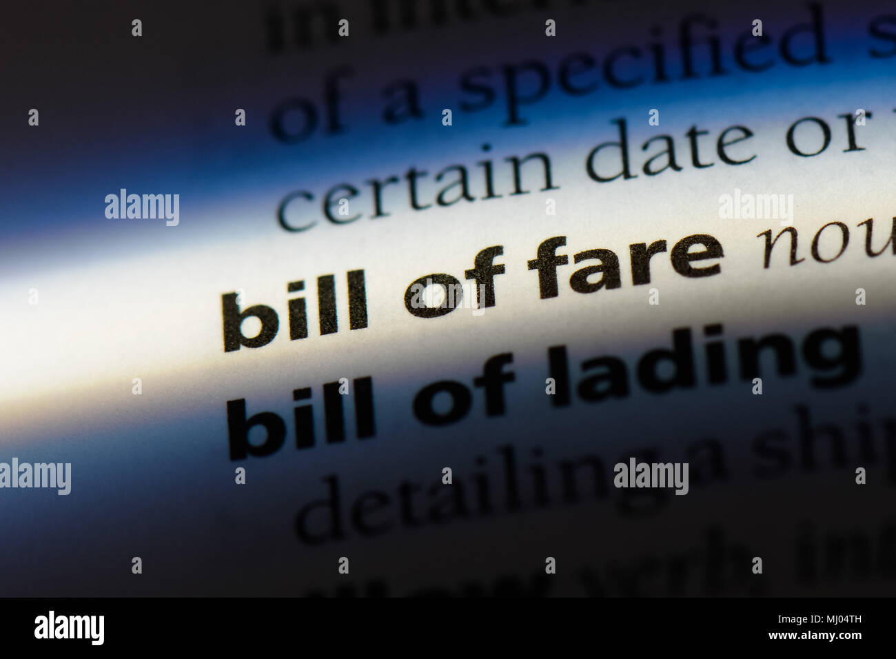 bill of fare word in a dictionary. bill of fare concept Stock Photo Alamy