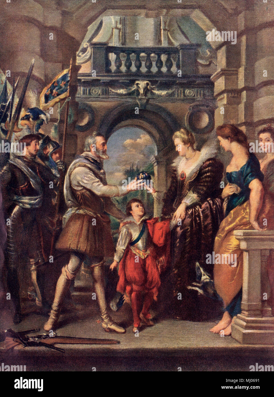 King Henri IV of France with Marie de' Medici. Printed color lithograph of a Rubens painting Stock Photo