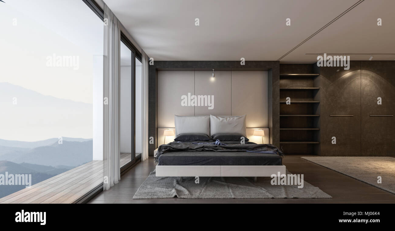 Modern Design Bedroom Interior With Big Window And Amazing View 3d Rendering Stock Photo Alamy