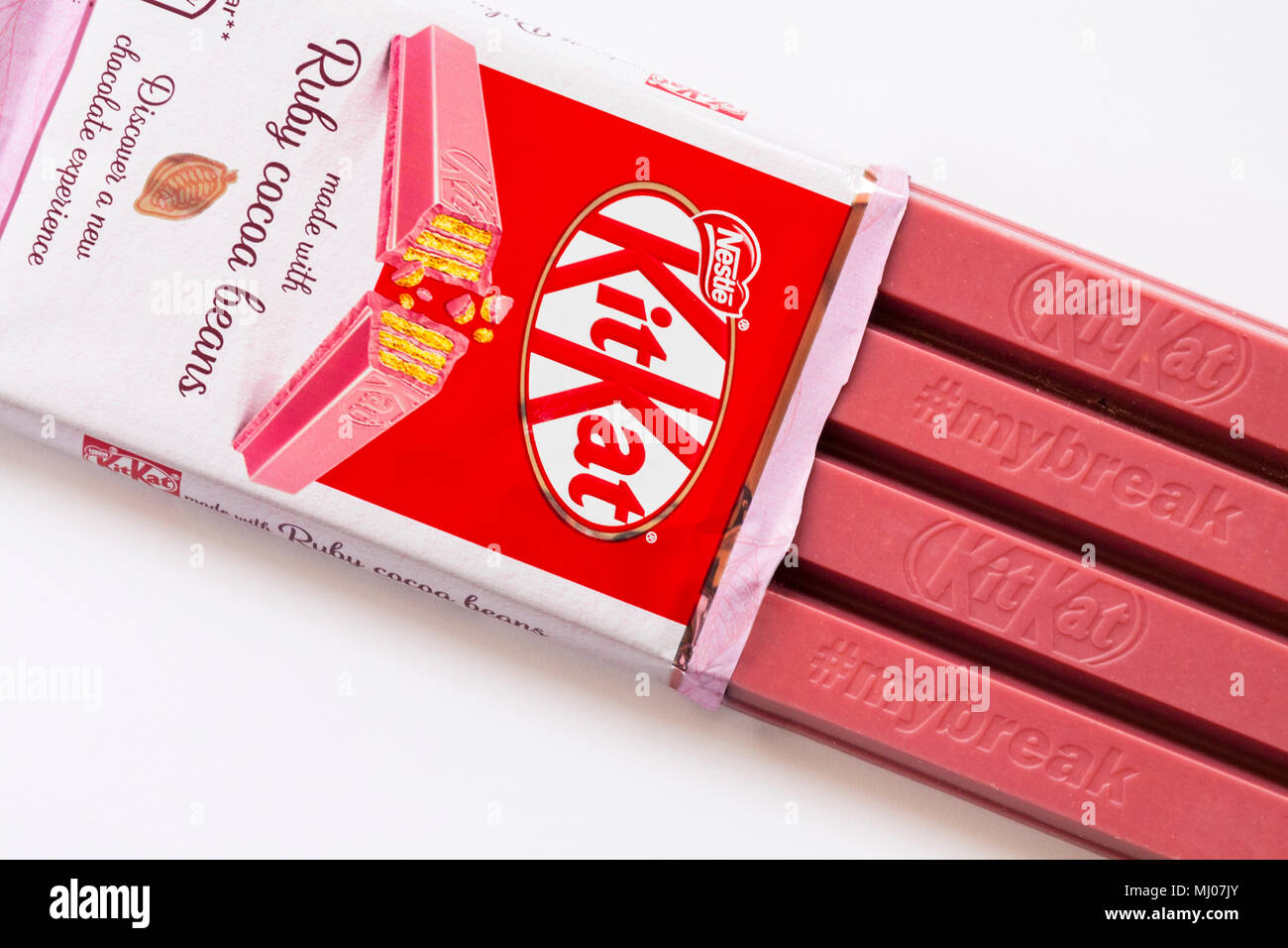Bar of Kitkat Kit-Kat Kit Kat made with ruby cocoa beans open to show  contents set on white background - discover a new chocolate experience  Stock Photo - Alamy