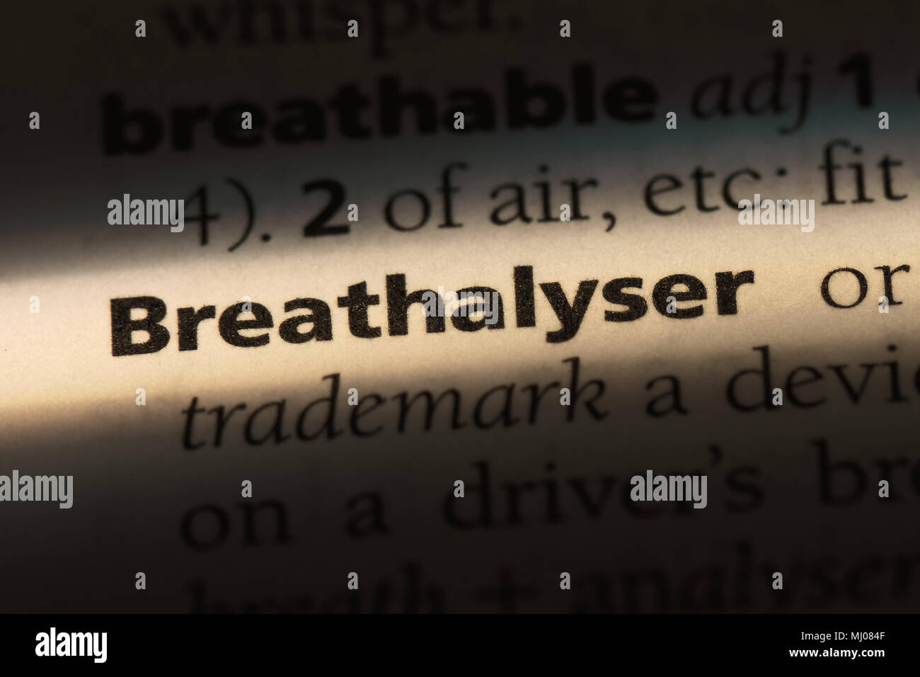 breathalyser word in a dictionary. breathalyser concept. Stock Photo