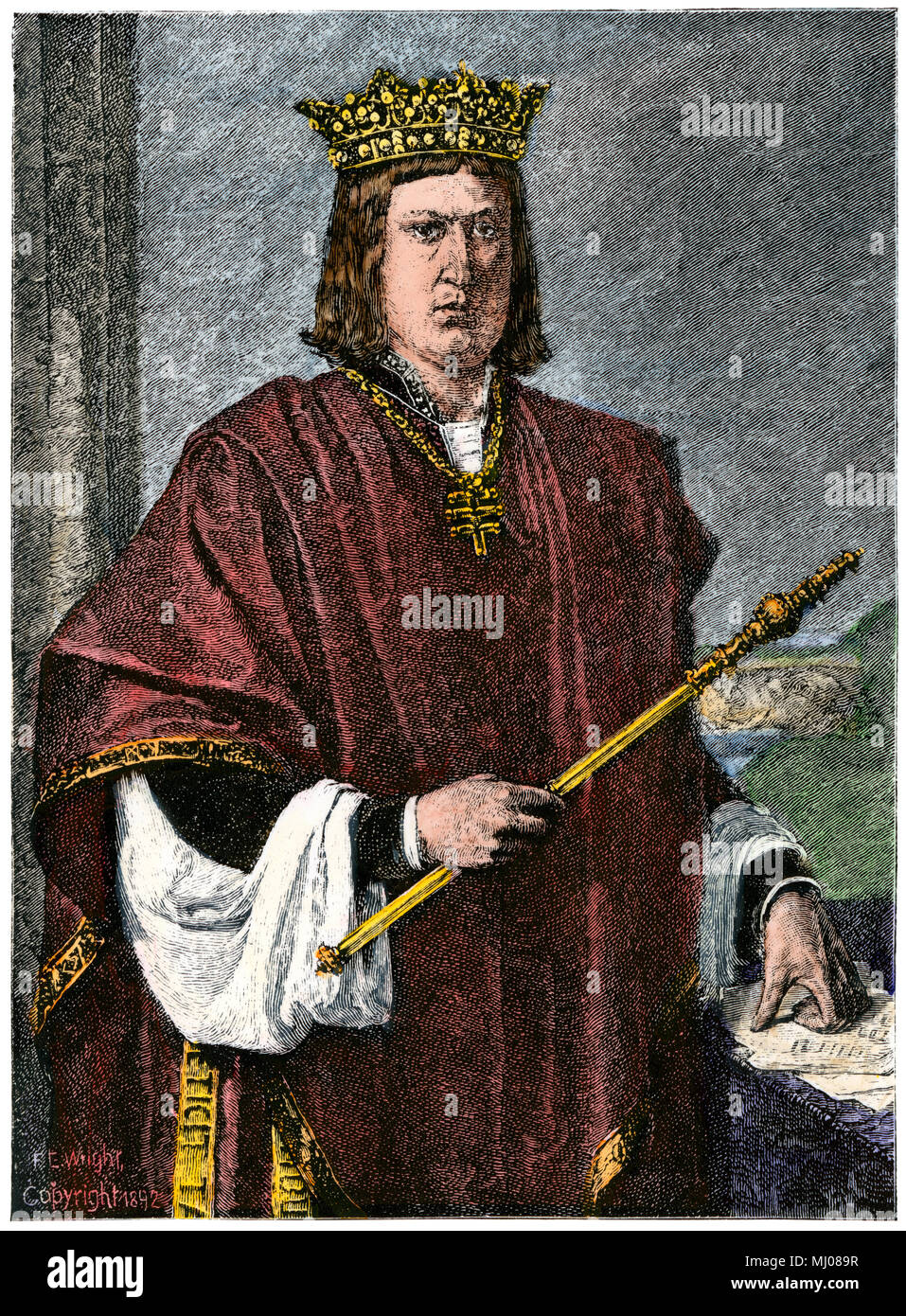 Ferdinand II, the Catholic, King of Aragon. Hand-colored woodcut Stock Photo