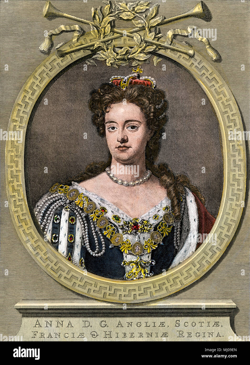 Anne, Queen of Great Britain and Ireland, 1700s. Hand-colored engraving Stock Photo