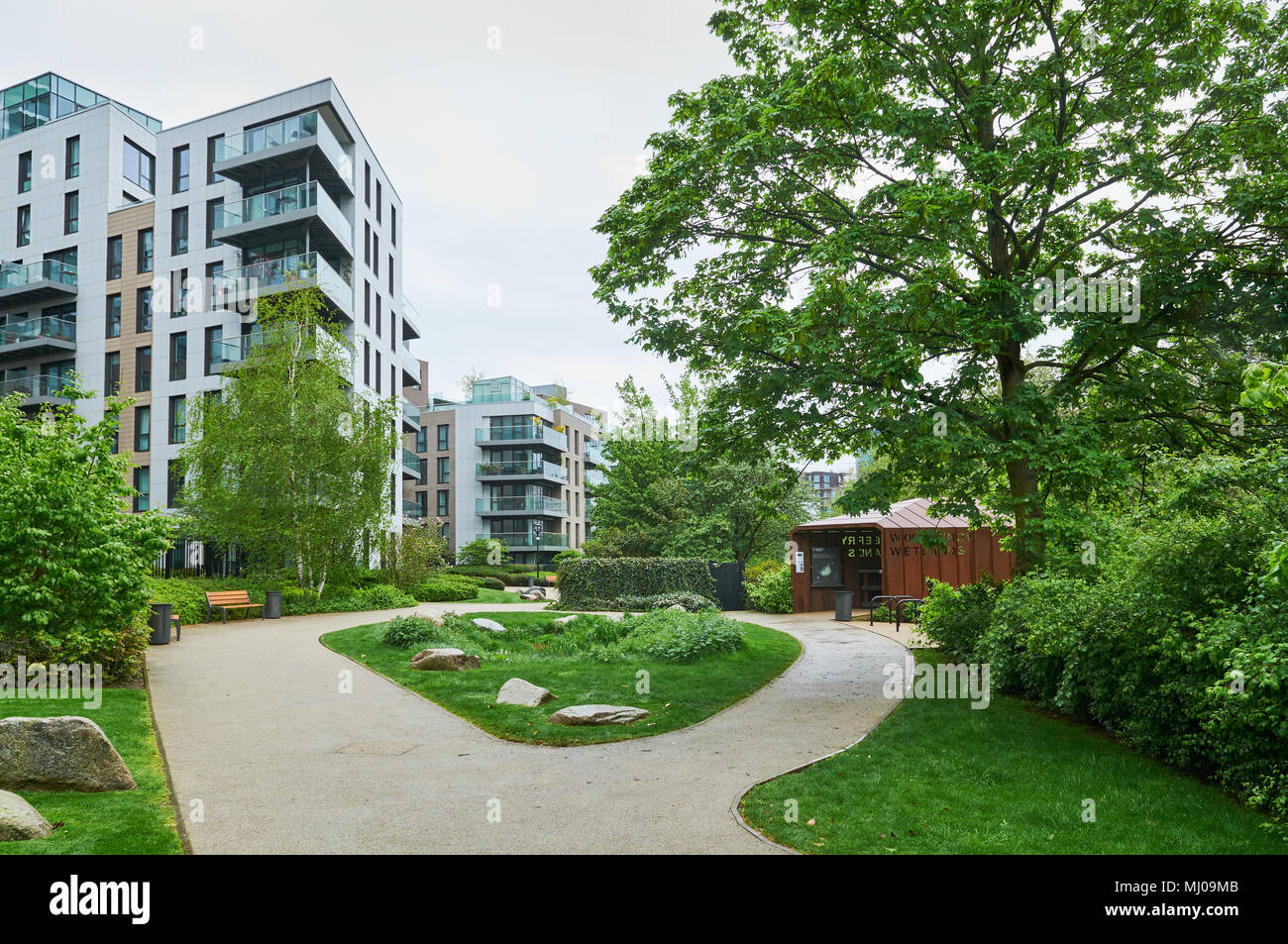 New apartment buildings near the entrance to Woodberry Wetlands, Woodberry Down, North London UK Stock Photo
