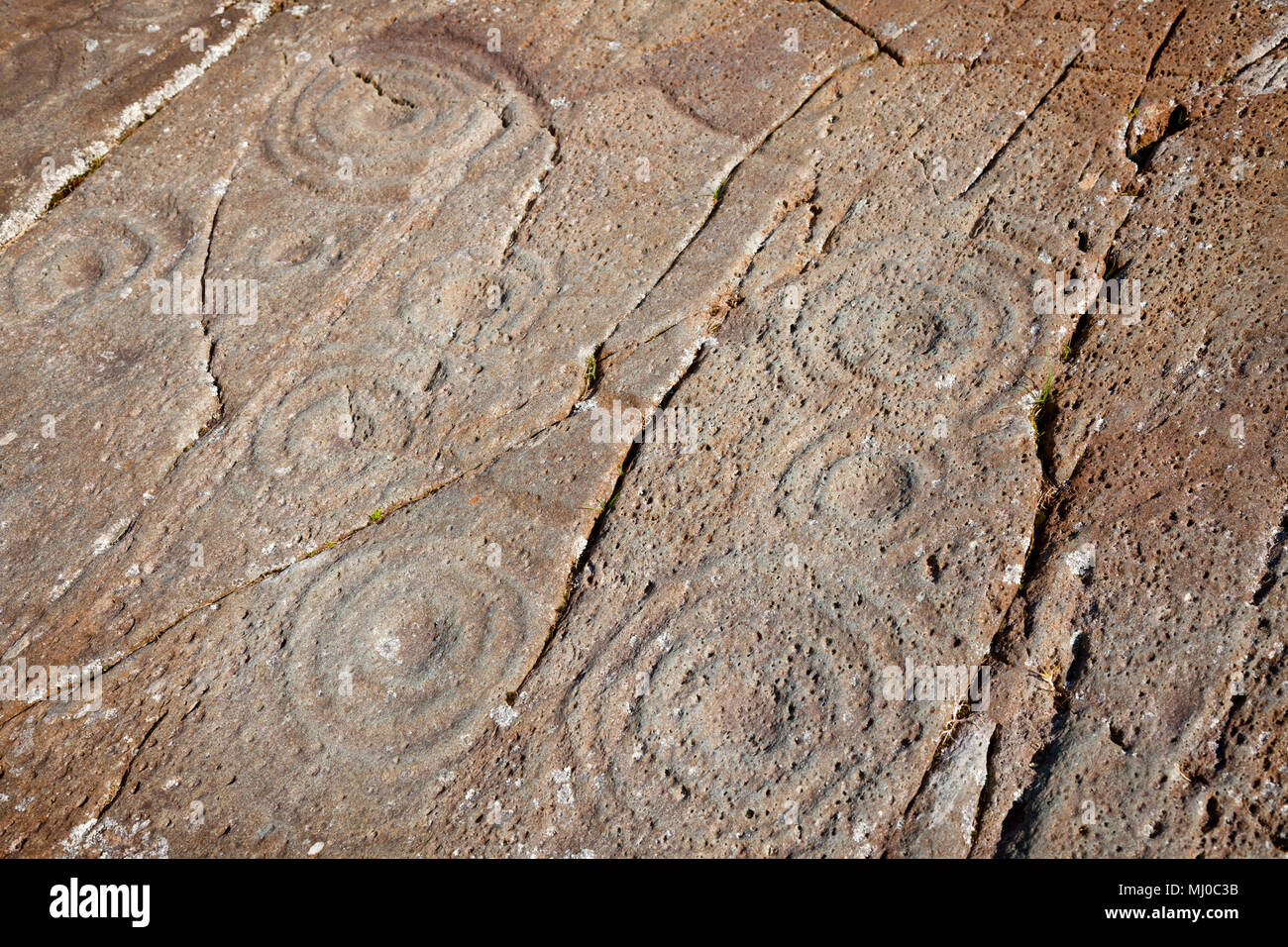 Cup and rings marks on a stone dating from the Iron Age at Cairnbaan prehistoric site, Argyll and Bute, Scotland, UK Stock Photo