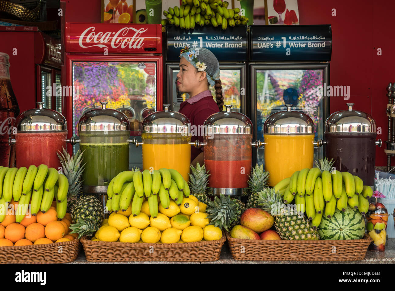 A fruit juice refreshment kiosk at the Miracle Gardens in Dubai, UAE