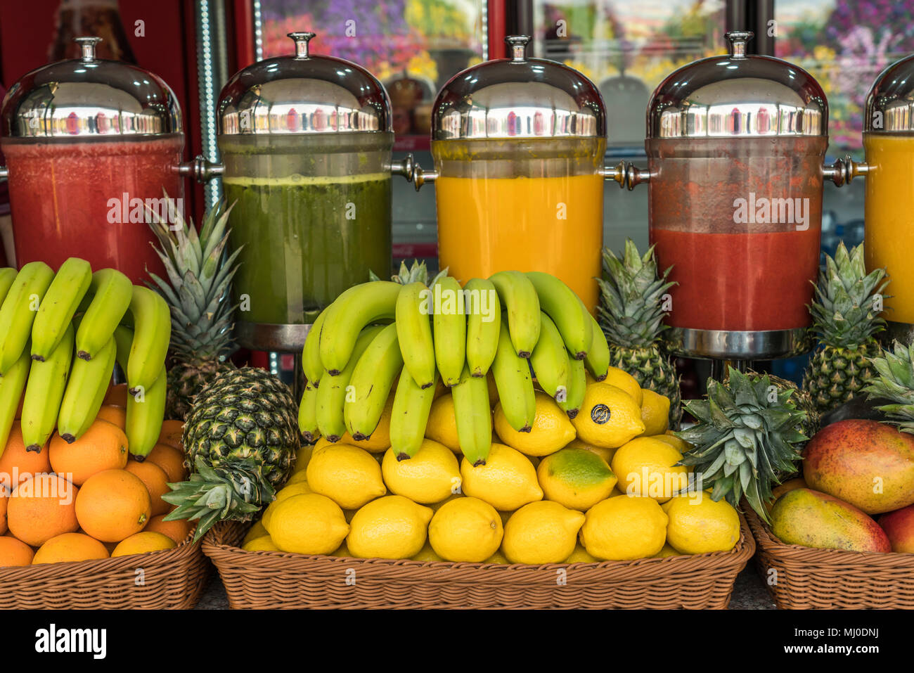 A fruit juice refreshment kiosk at the Miracle Gardens in Dubai, UAE