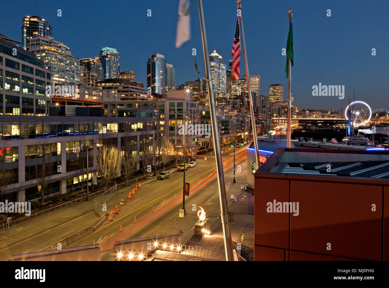 WA1532000...WASHINGTON Night settling over the Seattle Waterfront from Pier 66, including the