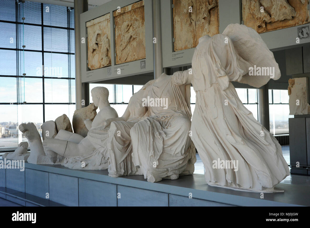 East pediment of the Parthenon. Birth of Athena. 5th century BC. Replica. Acropolis Museum. Athens. Greece. Original remains are exposed in the British Museum, London. Stock Photo