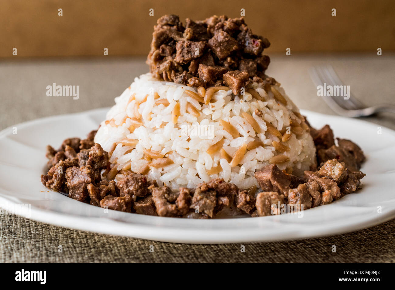 Turkish Meat Et Kavurma with rice / pilav. Traditional food Stock Photo ...