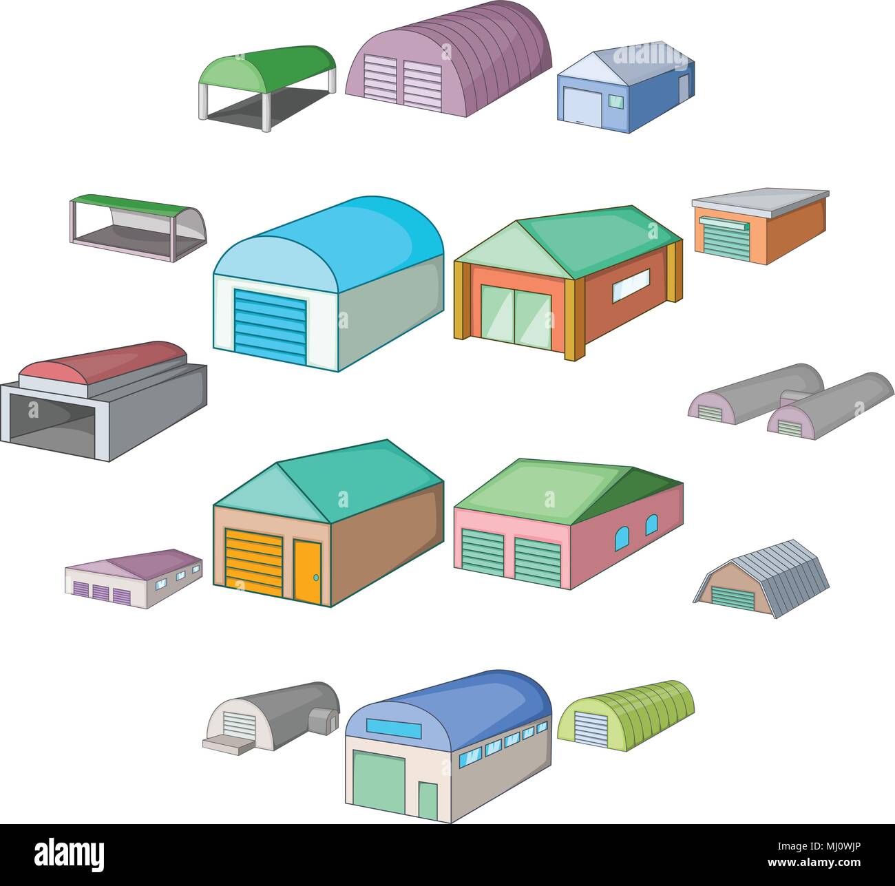 Different hangars icons set, cartoon style Stock Vector