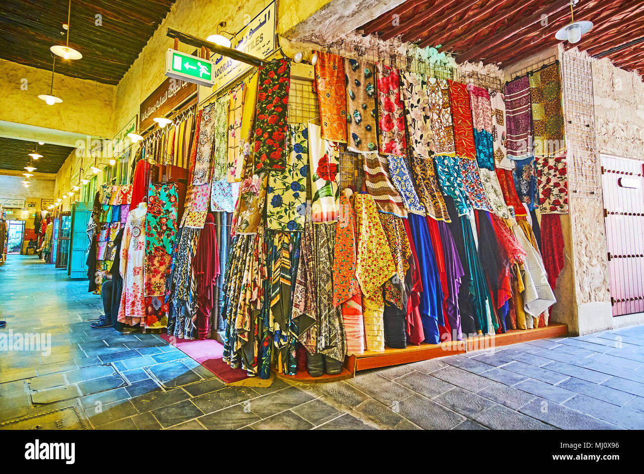 DOHA, QATAR FEBRUARY 13, 2018 The bright colored fabrics decorate