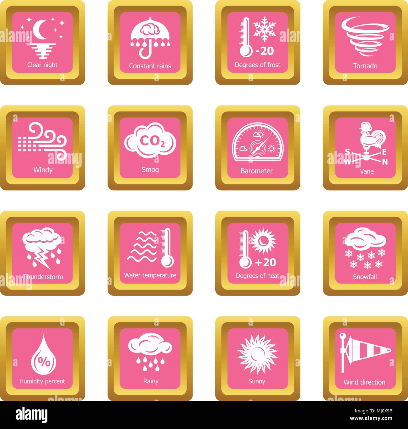 Weater icons set pink square vector Stock Vector