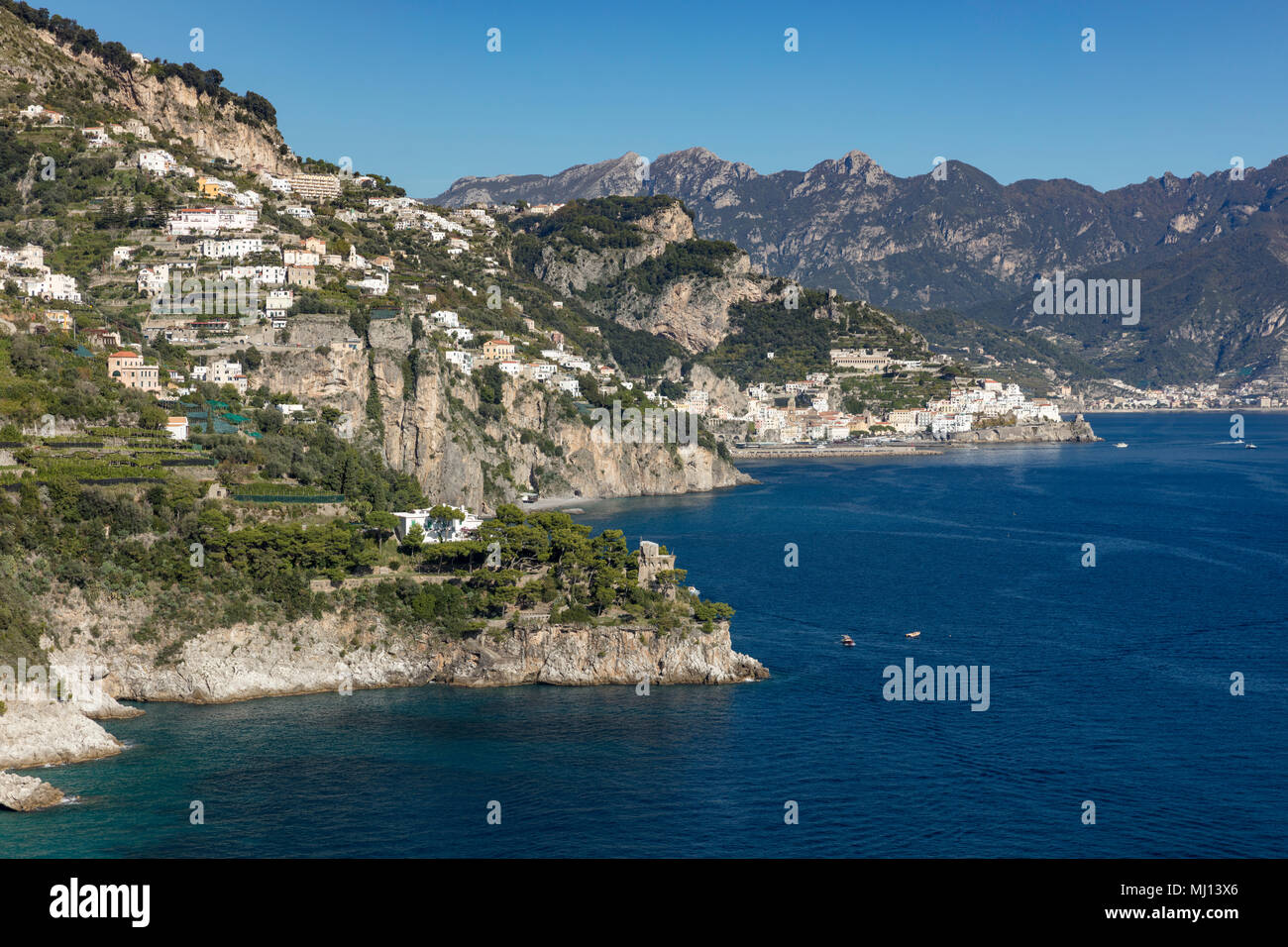 View toward Amalfi along the Amalfi Coast, Campania, Italy Stock Photo