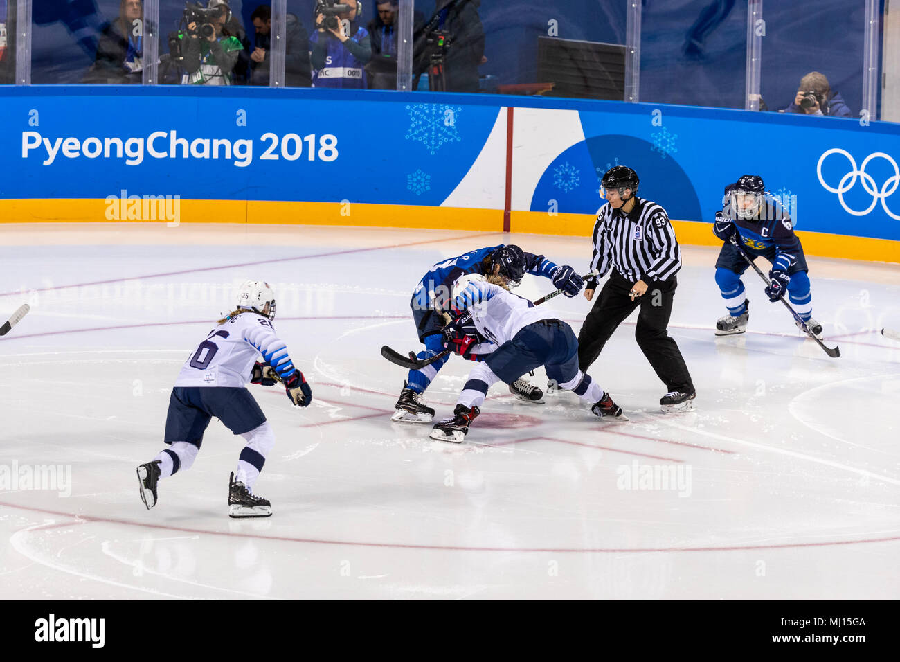 Face off during USA-FInland Women's Hockey competition at the Olympic Winter Games PyeongChang 2018 Stock Photo