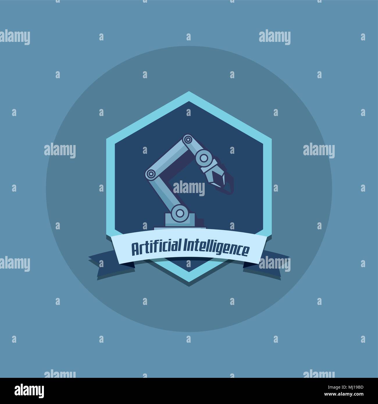 Emblem of artificial intelligence with robotic arm icon over blue ...