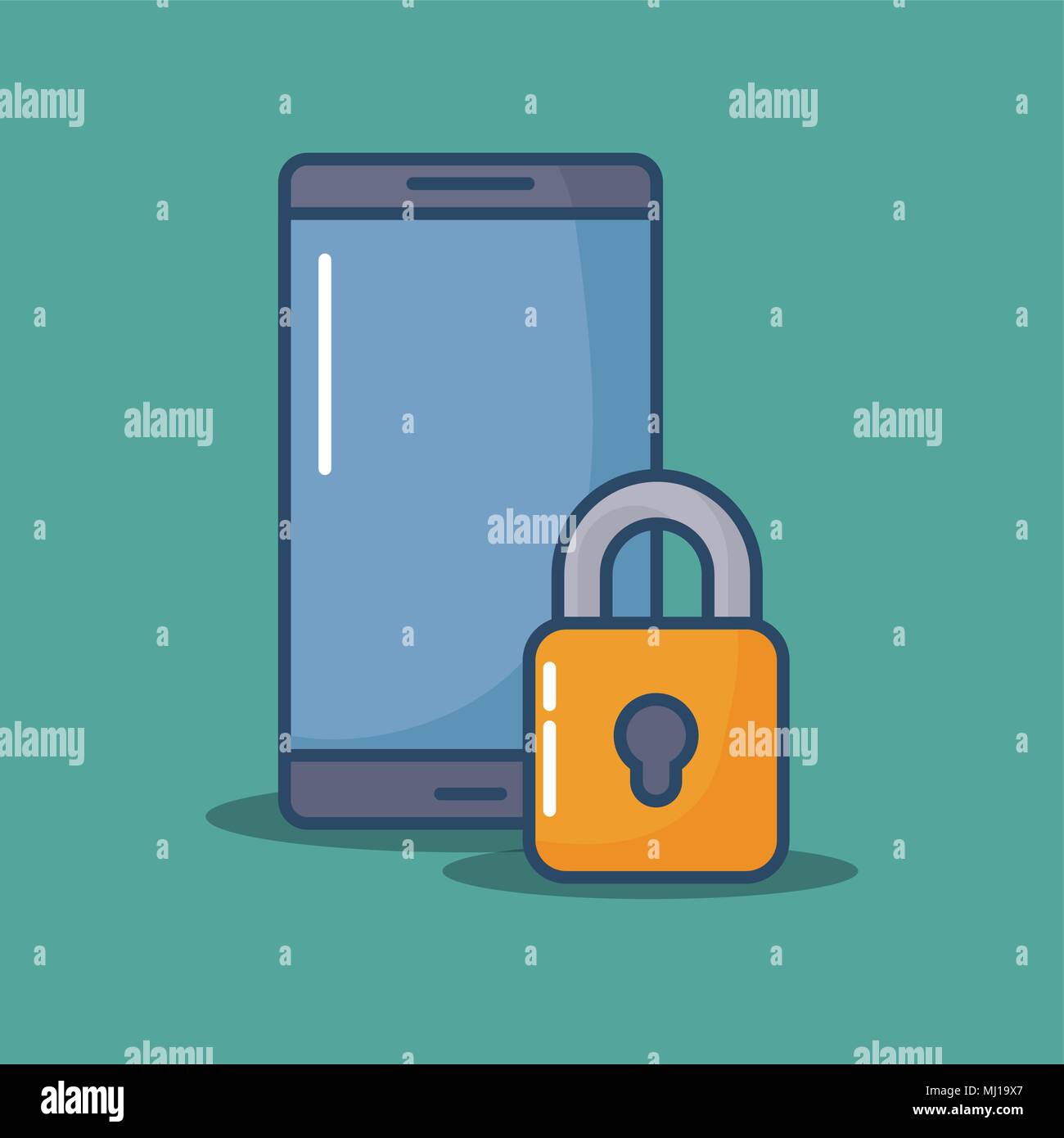smartphone and padlock over turquoise background, colorful design ...