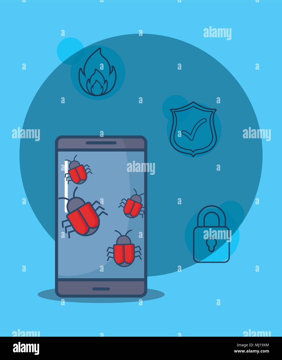 smartphone with cyber security related icons over blue background ...