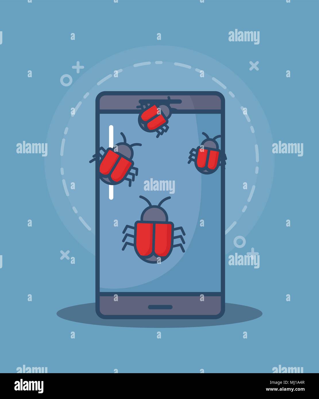 cyber security design with smartphone and virus bugs over blue ...