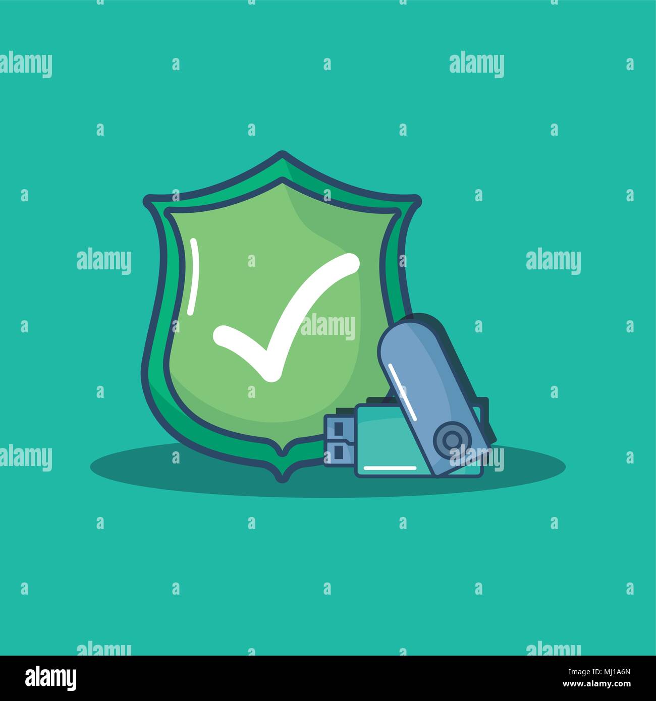 security shield and usb over turquoise background, colorful design. vector illustration Stock Vector