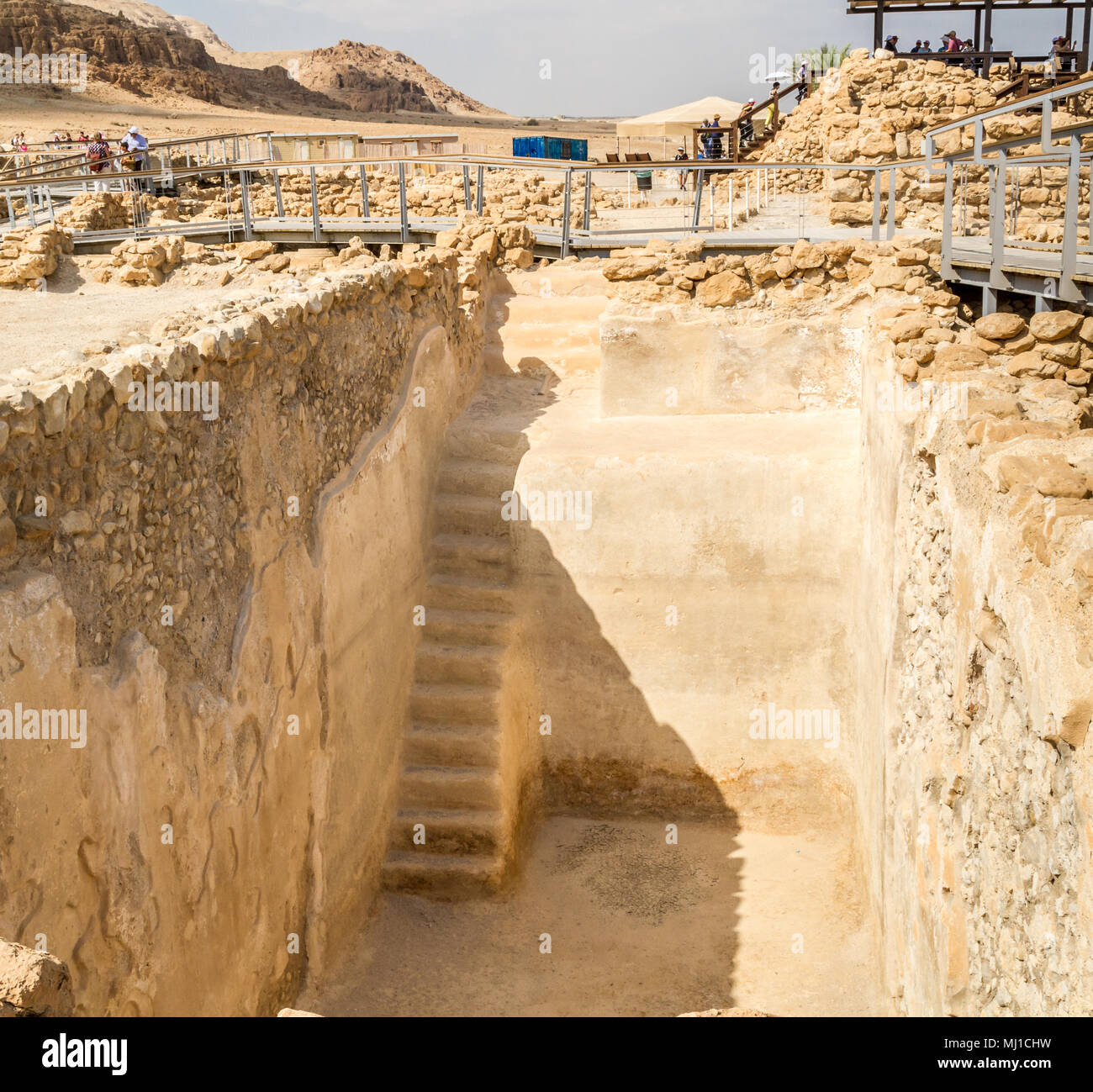 Water collecting cistern in Qumran National Park, where the dead sea scrolls were found and there was a settlement essenes in Judaean desert near Dead Stock Photo