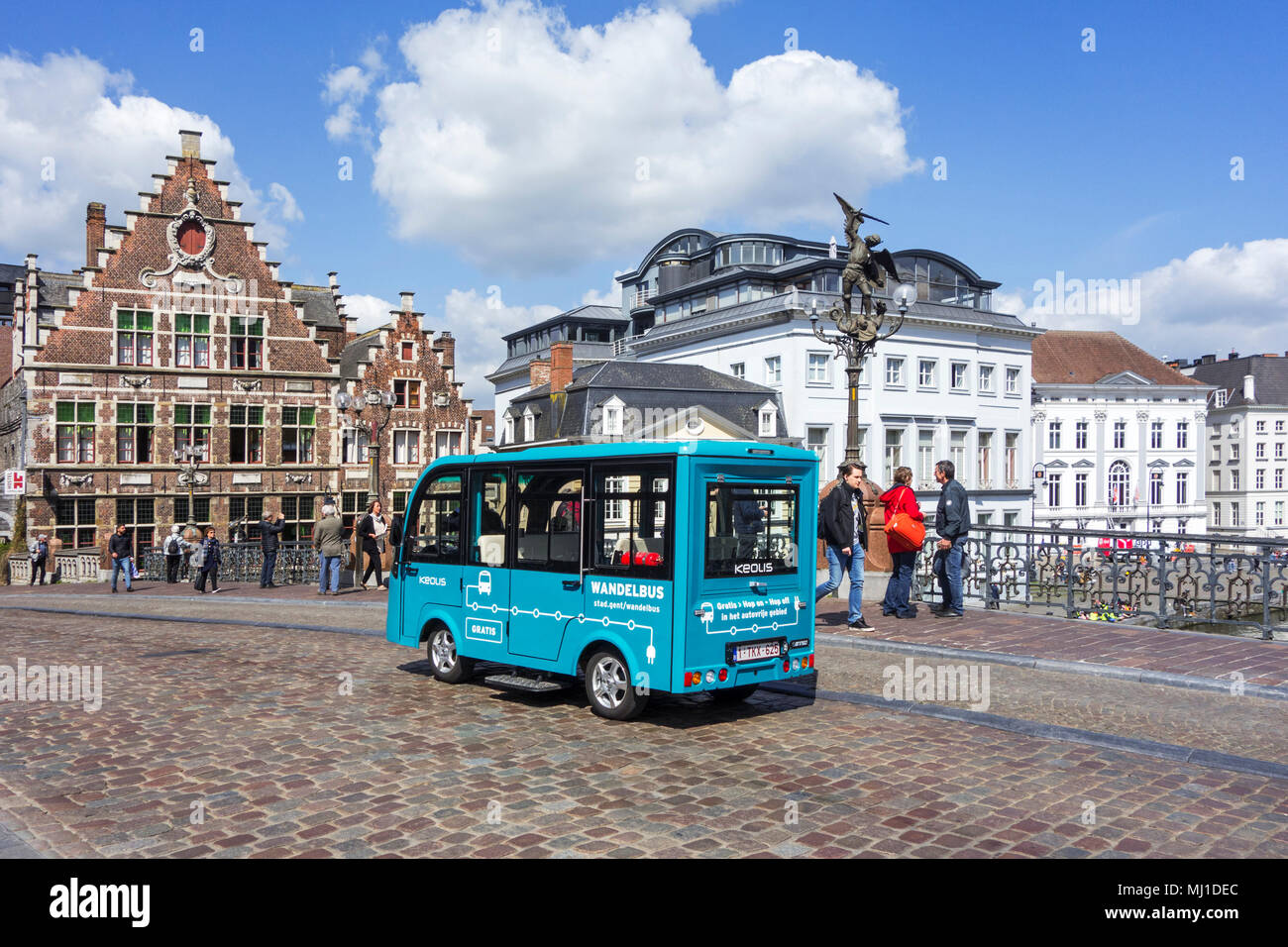 Keolis walking bus / Wandelbus, electric People Mover riding in the pedestrianised area in the historic city centre of Ghent, East Flanders, Belgium Stock Photo