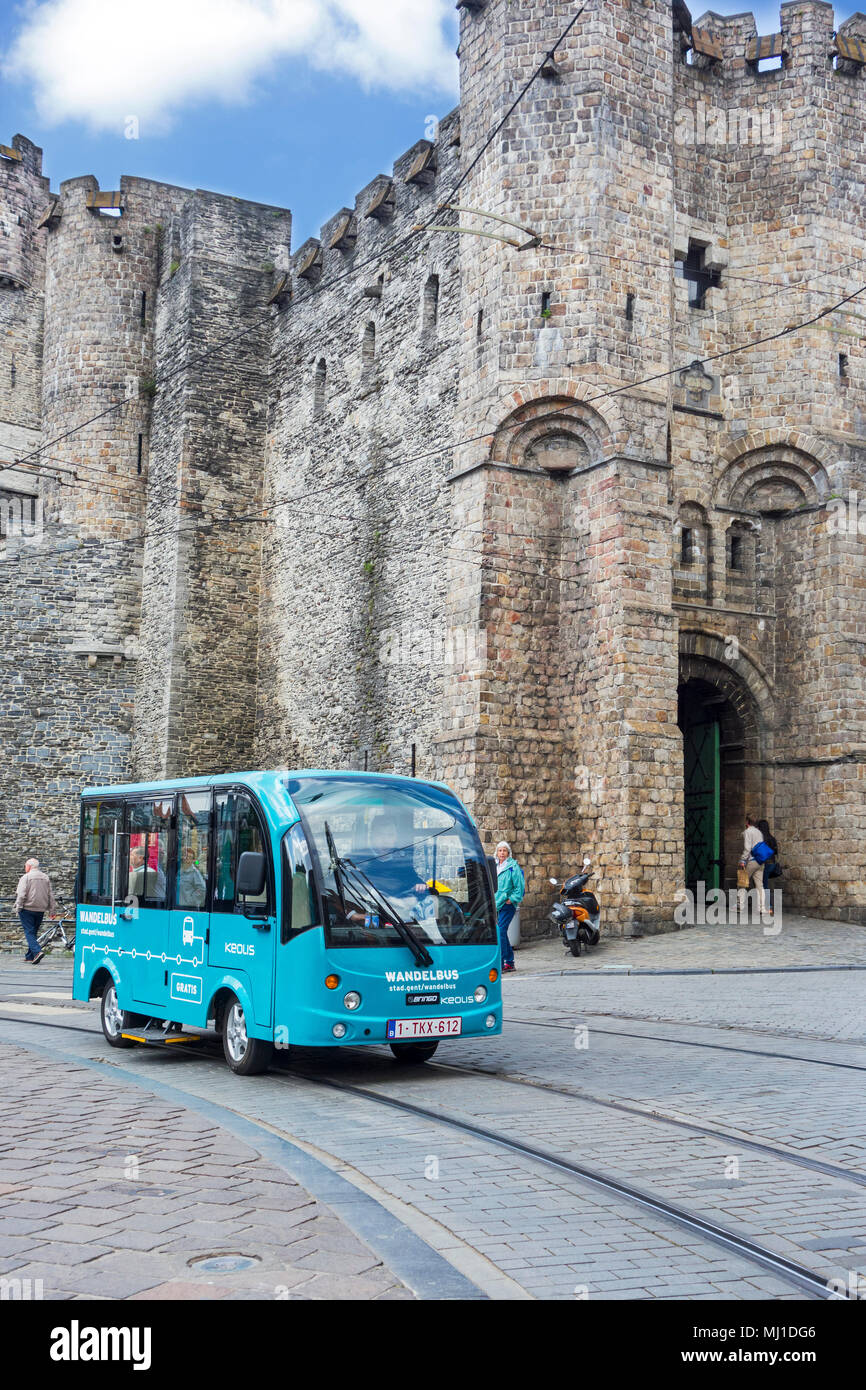 Keolis walking bus / Wandelbus, electric People Mover riding in the pedestrianised area in the historic city centre of Ghent, East Flanders, Belgium Stock Photo