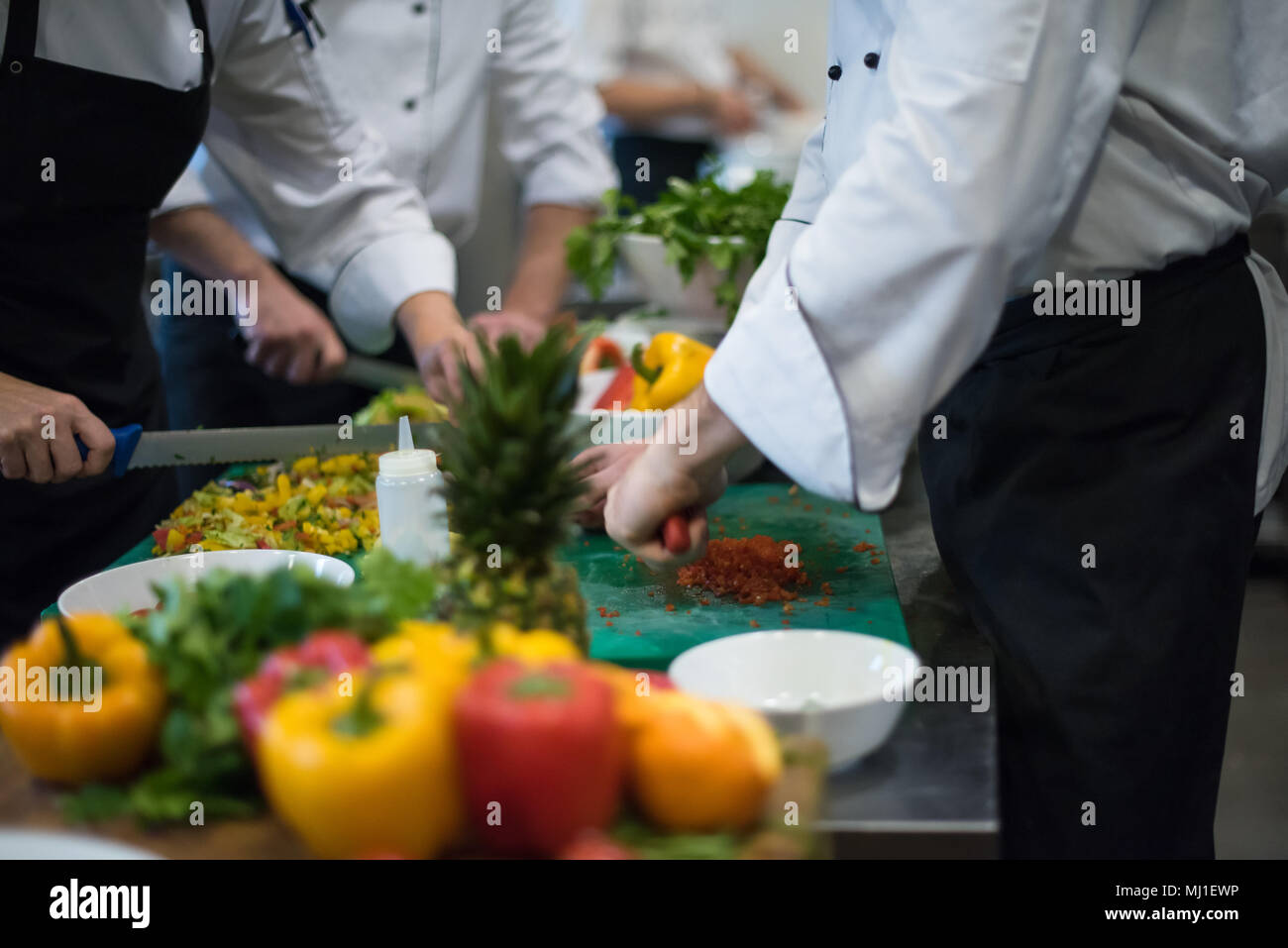 Professional team cooks and chefs preparing meals at busy hotel or ...
