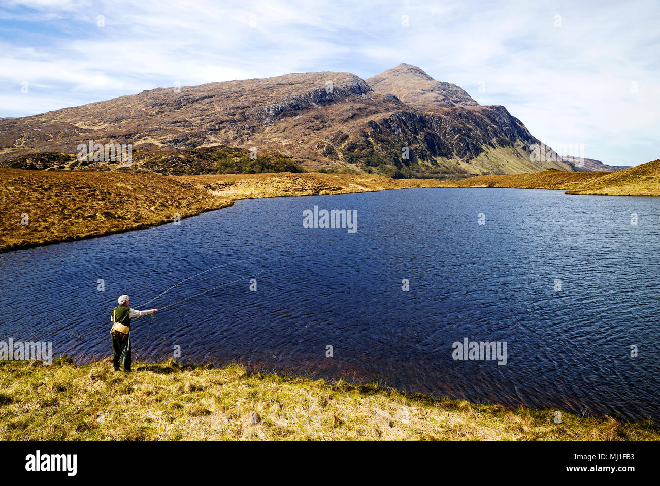 Angler fly-fishing for wild brown trout on hill loch on Reay Forest Estate, Sutherland, Ben Stack in the background, Scottish Highlands, Scotland, UK Stock Photo