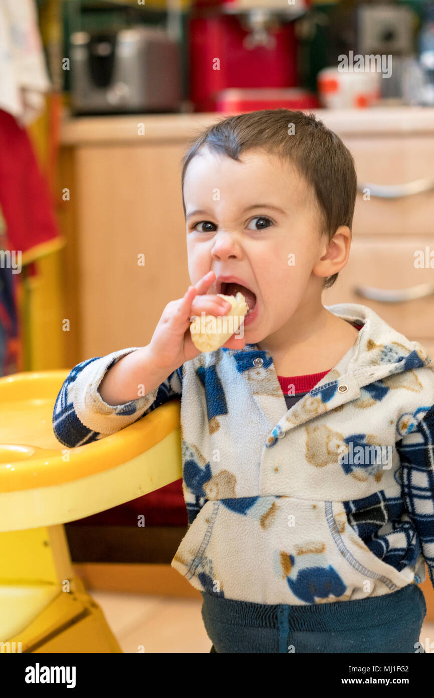 Boy 2 years old eating banana. Baby 2 years old eating a banana in the