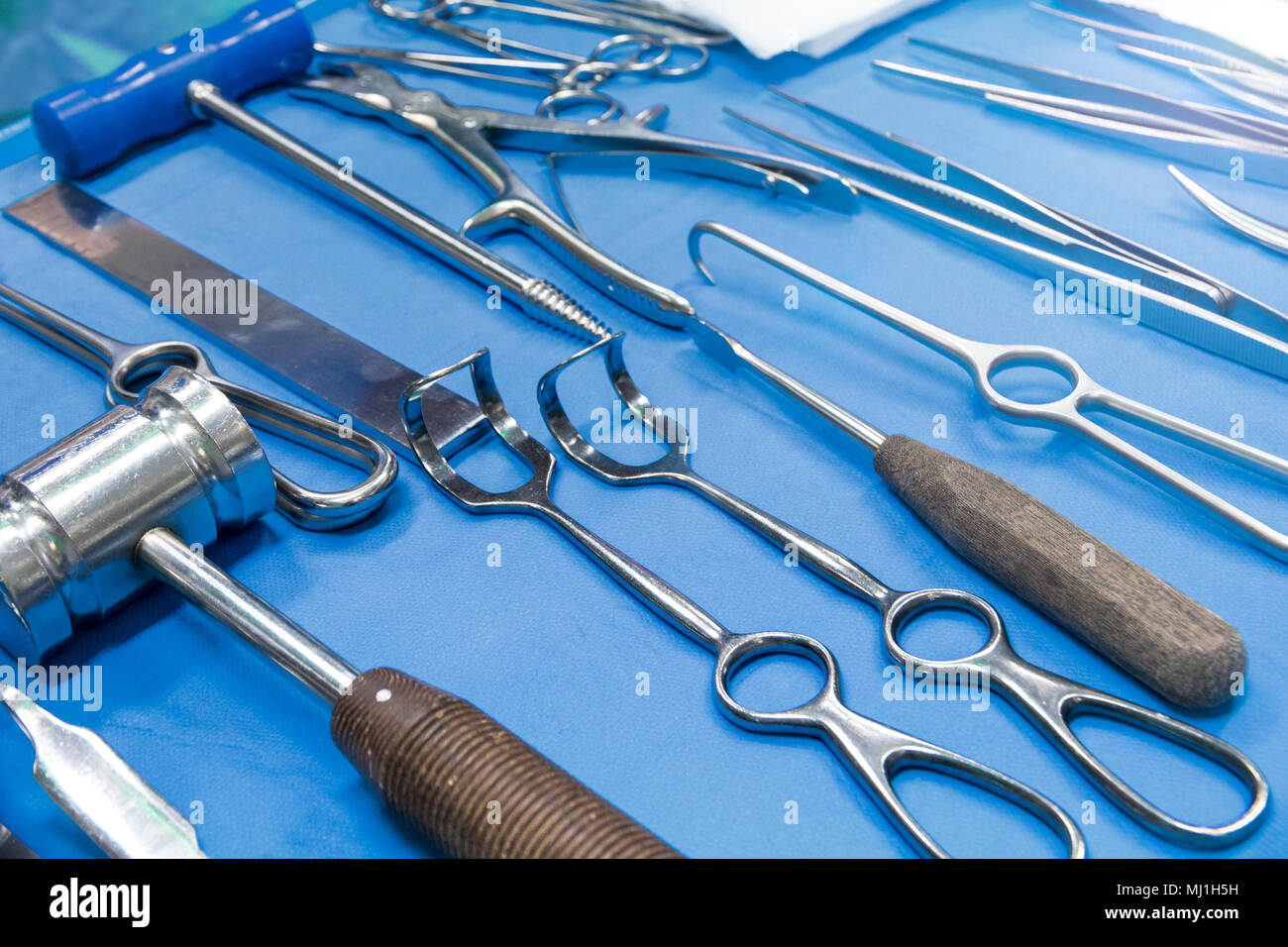 Medical instruments on a table in a hospital emergency room. Stock Photo